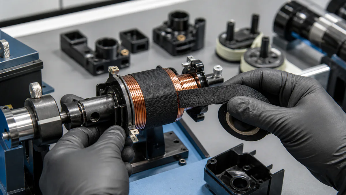 Automotive electrical technician wrapping matte black acetate cloth tape around a copper ignition coil winding on a fixture